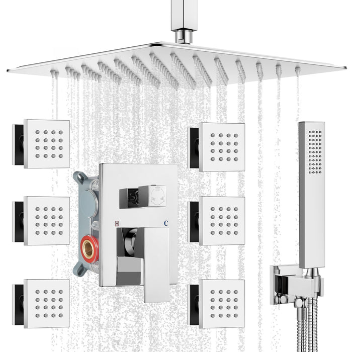 gotonovo 12 inch Ceiling Mount Rain Shower Faucet Set with 6 Body Spray Jets Rainfall Shower Head and Handheld Sprayer Multi Shower System Rough-in Valve and Trim Included Chrome Polished