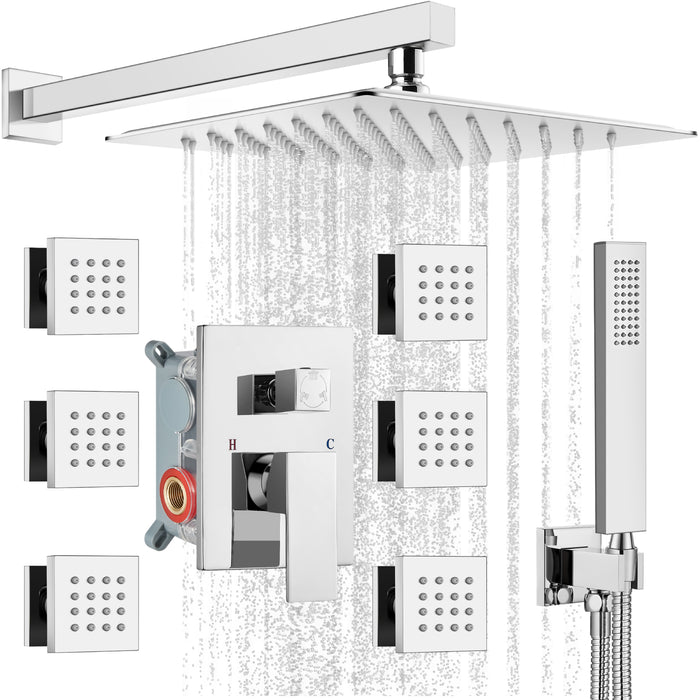 gotonovo Shower Faucet with Full Body Jets Rain Mixer 12 inch Rainfall Shower Head and Handheld Spray Combo Wall Mounted Rough-in Valve and Trim Included with 6pcs Body Message Jets