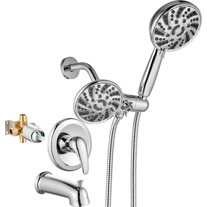 Gotonovo 3-weg wateromstelling Dual 2 in 1 douchekop combo douchesysteem met 5 functies Verstelbare handdouche en baduitloop Douchekraanset (inclusief ruw ventiel) 