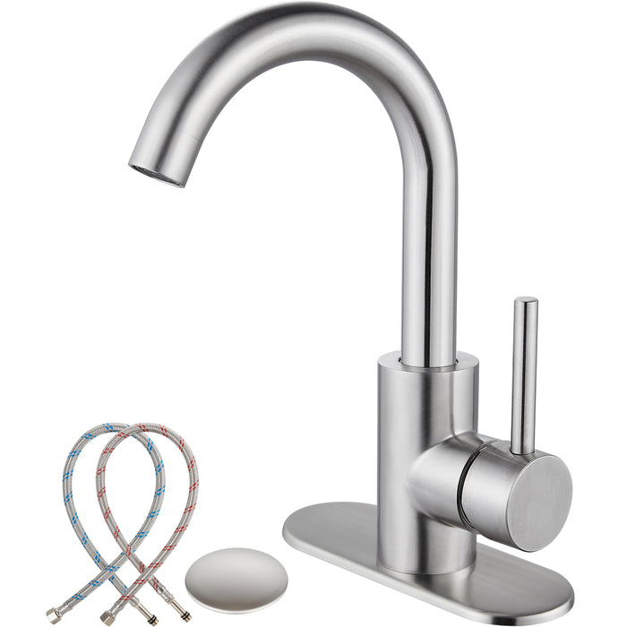 gotonovo Bathroom Sink Faucet,Single Handle Vanity Faucet Wet Bar Pre-Kitchen Farmhouse RV Faucet with Deck Plate, Watre Supply Hoses and Drain Stopper