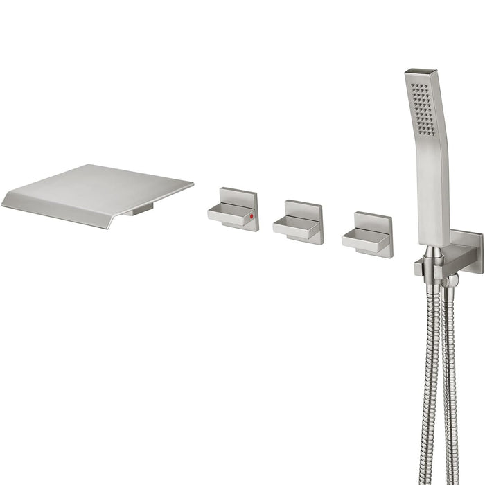 gotonovo Waterfall Tub Filler with Handheld Spray 3 Lever Handle Bathroom High Flow Rate Wall Mounted 2 Function Shower Faucet Set with Rough-in Shower Trim Kit Hot and Cold Mixer