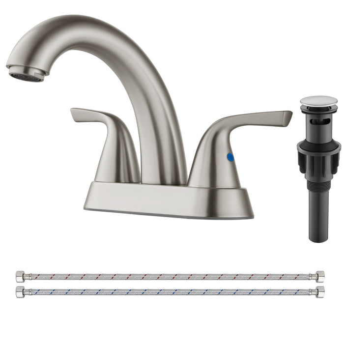4 Inch Centerset Bathroom Sink Faucet Stainless Steel Deck Mount Double Handle Lavatory Vanity Faucet Mixer Tap with Pop up Drain and Water Supply Hoses