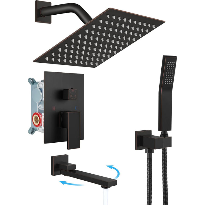 Gotonovo Rain Shower Combo Set Luxury 3-Function with Rotating Tub Spout,Square Rainfall Shower Head and Handheld Spray Rough-in Valve Body and Trim Included