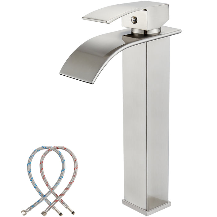 gotonovo Waterfall Bathroom Bowl Vessel Sink Tall Faucet1 Hole Single Handle Lavatory Vanities Mixer Tap Deck Mount with Large Rectangular Spout