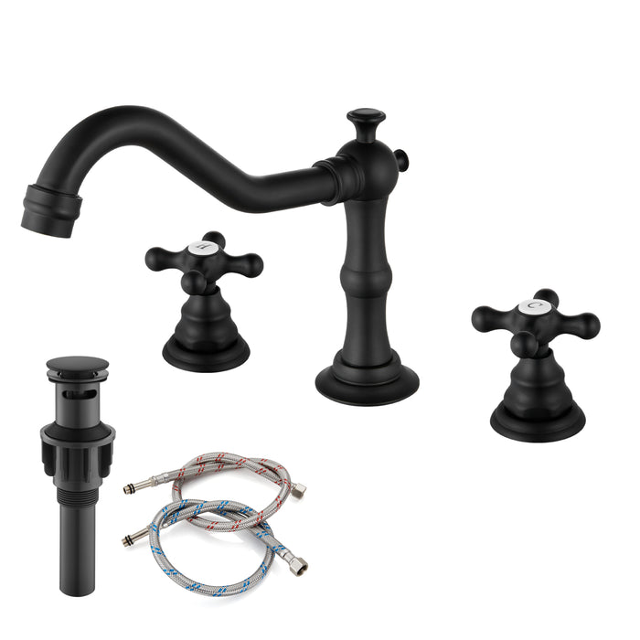 gotonovo Bathroom Sink Faucet Deck Mount Widespread Double Mixing Tap Cross Knobs 3 Hole with Pop Up Drain