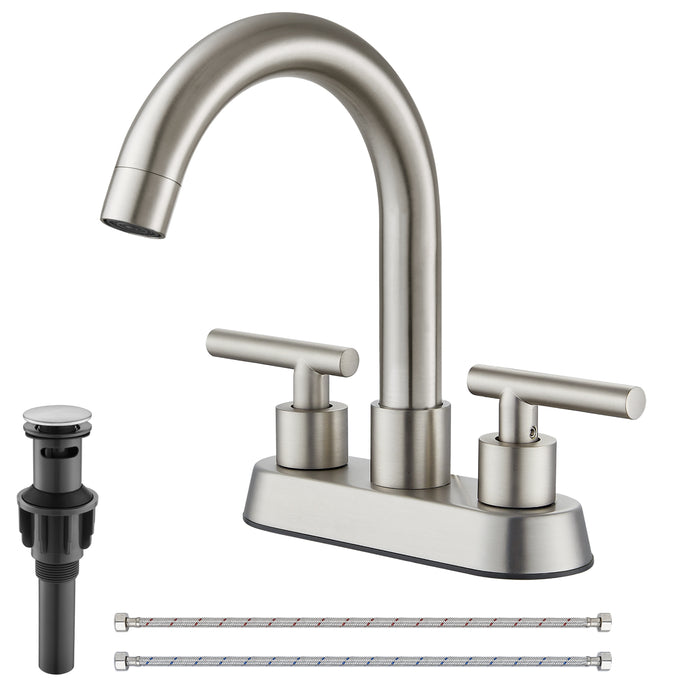 4 Inch Centerset Bathroom Sink Faucet Stainless Steel Deck Mount Double Handles Swivel Spout Mixer Tap with Pop-up Drain Lavatory Bathroom Vanity Faucets