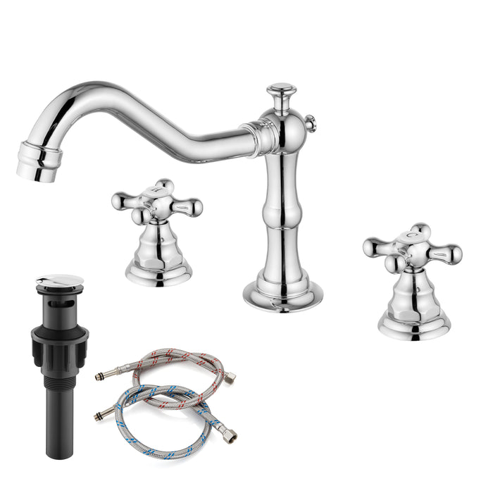 gotonovo Bathroom Sink Faucet Deck Mount Widespread Double Mixing Tap Cross Knobs 3 Hole with Pop Up Drain