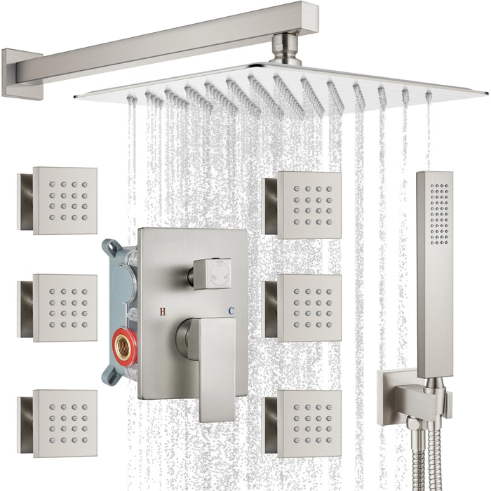 gotonovo Shower Faucet with Full Body Jets Rain Mixer 12 inch Rainfall Shower Head and Handheld Spray Combo Wall Mounted Rough-in Valve and Trim Included with 6pcs Body Message Jets