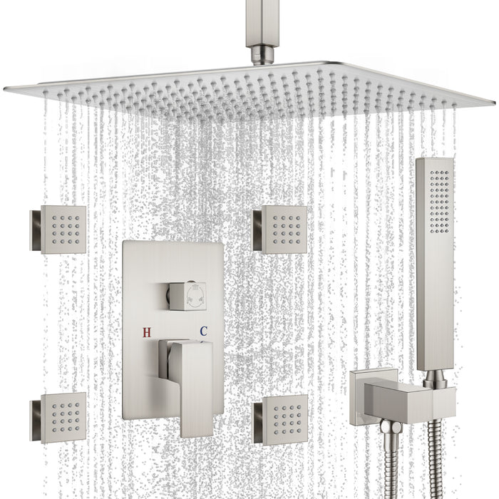 gotonovo Rain Mixer Shower Faucet Set Ceiling Mounted Rainfall Shower Head with 4 Body Spray Jets and Brass Handshower Rough-in Valve and Trim Included