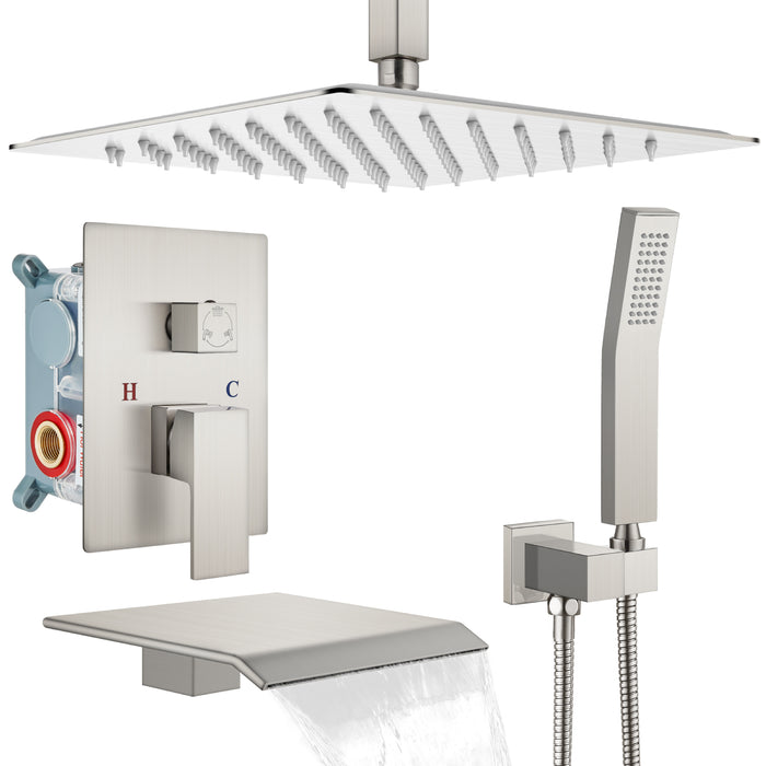 gotonovo 12 Inch Rain Mixer Shower Faucet Set with Waterfall Tub Spout Ceiling Mount with Handheld Spray Pressure Balance Rough-in Valve and Trim Included