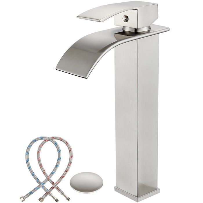 gotonovo Vessl Sink Tall Faucet Waterfall Bathroom Bowl Single Handle Single Hole Spout Sink Faucet Deck Mount with Large Rectangular Lavatory Vanities