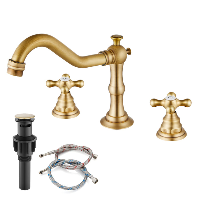 gotonovo Bathroom Sink Faucet Deck Mount Widespread Double Mixing Tap Cross Knobs 3 Hole with Pop Up Drain