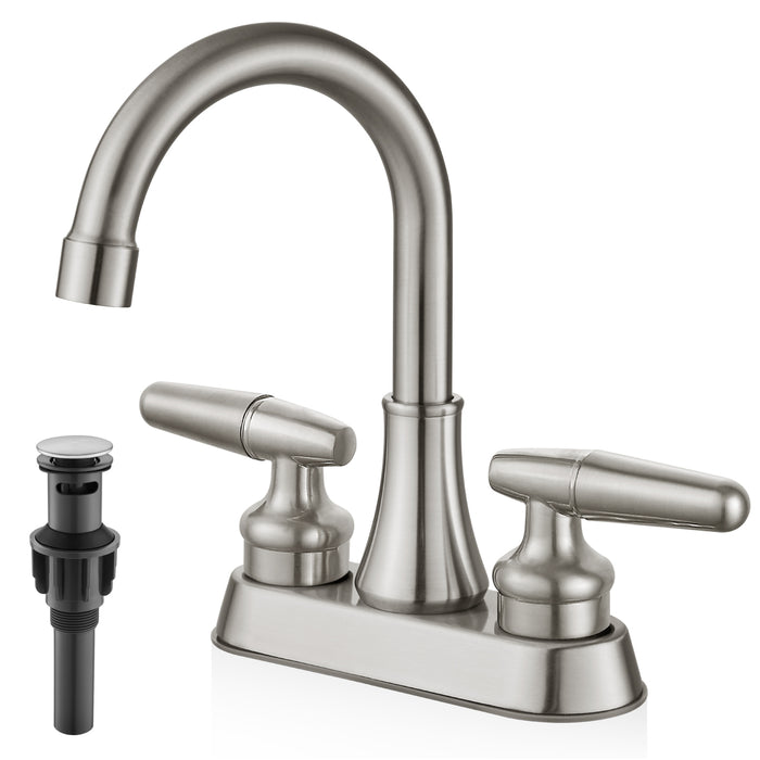 4-Inch Centerset Bathroom Sink Faucet – 2 Handle, Brushed Stainless Steel, With Pop-Up Drain & Hoses | Fits 2 Or 3 Hole Vanities, RV, Bar Sink