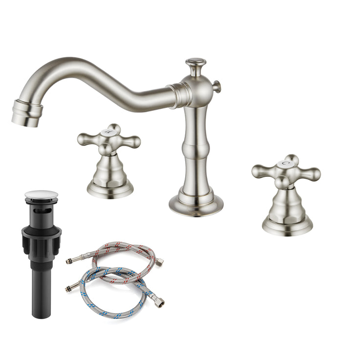 gotonovo Bathroom Sink Faucet Deck Mount Widespread Double Mixing Tap Cross Knobs 3 Hole with Pop Up Drain