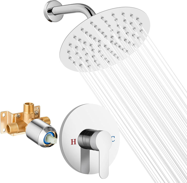 gotonovo Shower Faucet Set, Single Function Shower Trim Kit, Wall Mount 8 Inch Round Rainfall Shower Head and Handle Set, Single Handle Shower System Set Rough-in Valve