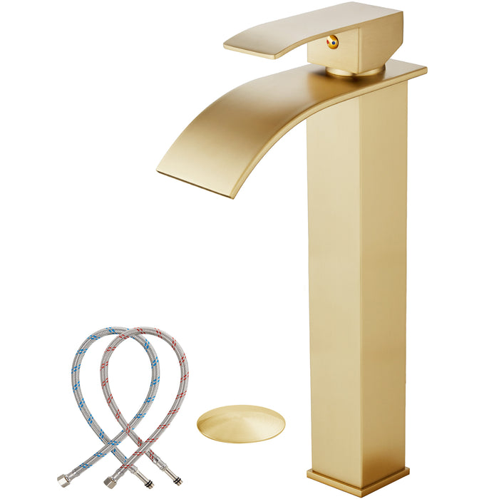 gotonovo Vessl Sink Tall Faucet Waterfall Bathroom Bowl Single Handle Single Hole Spout Sink Faucet Deck Mount with Large Rectangular Lavatory Vanities