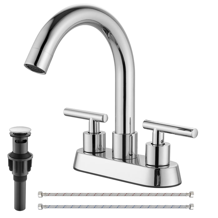 4 Inch Centerset Bathroom Sink Faucet Stainless Steel Deck Mount Double Handles Swivel Spout Mixer Tap with Pop-up Drain Lavatory Bathroom Vanity Faucets