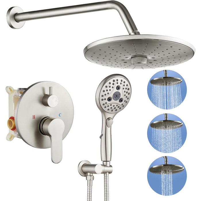 gotonovo Shower Trim Kit 10 inch 3 Modes Round Rainfall Shower Head Wall Mounted 6-Functions ABS Handheld Spray Shower System Pressure Balanced Rough-in Valve and Trim Included
