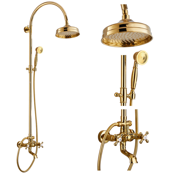 gotonovo Exposed Bathroom Shower System Classic Shower Kit 8 Inch Luxurious Rainfall Shower Head Handheld Spray Tub Filler Brass Pipe 3-Function Wall Mount Double Cross Knobs