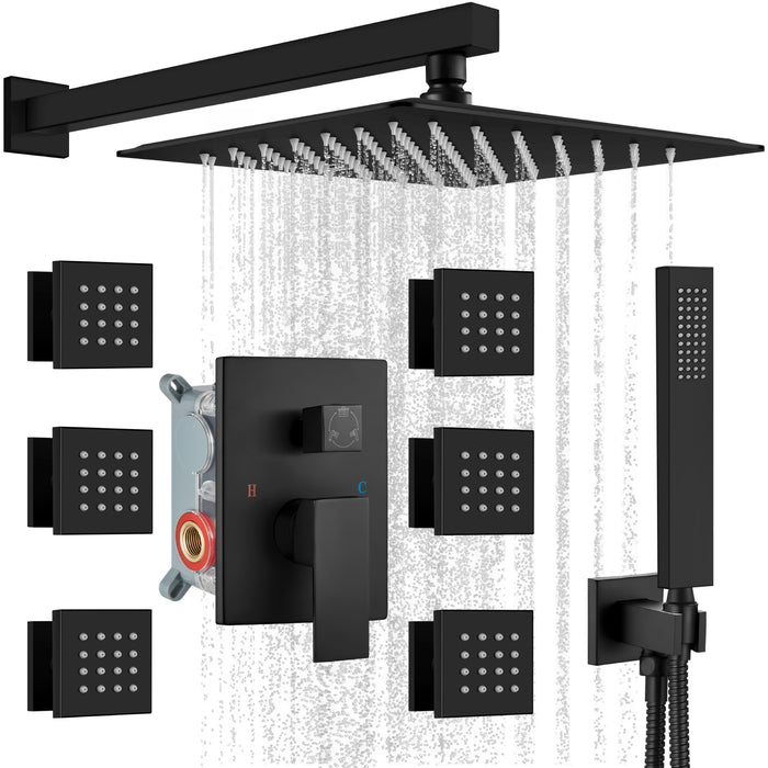 gotonovo Shower Faucet with Full Body Jets Rain Mixer 12 inch Rainfall Shower Head and Handheld Spray Combo Wall Mounted Rough-in Valve and Trim Included with 6pcs Body Message Jets