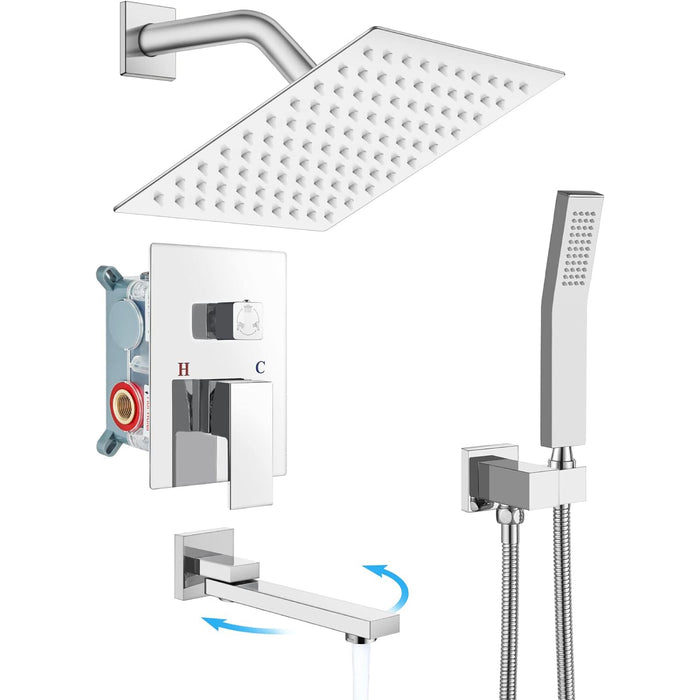 Gotonovo Rain Shower Combo Set Luxury 3-Function with Rotating Tub Spout,Square Rainfall Shower Head and Handheld Spray Rough-in Valve Body and Trim Included