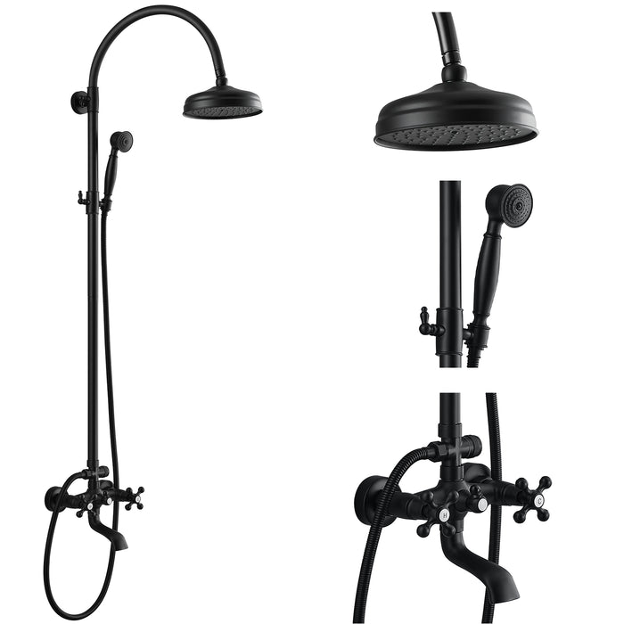 gotonovo Exposed Bathroom Shower System Classic Shower Kit 8 Inch Luxurious Rainfall Shower Head Handheld Spray Tub Filler Brass Pipe 3-Function Wall Mount Double Cross Knobs