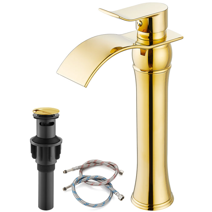 gotonovo Waterfall Vessel Sink Faucet for Sink 1 Hole,Single Handle Tall Bathroom Sink Faucet,Brass Waterfall Bathroom Faucet Arc Body Mixer Tap with Pop Up Drain and Supply Line