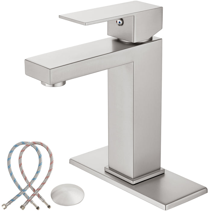 gotonovo Bathroom Sink Faucet Single Handle 1 Hole One Lever Stainless Steel SUS304 Commercial Deck Mount Lavatory Mixer Tap Include Pop Up Drain and Cover Plate