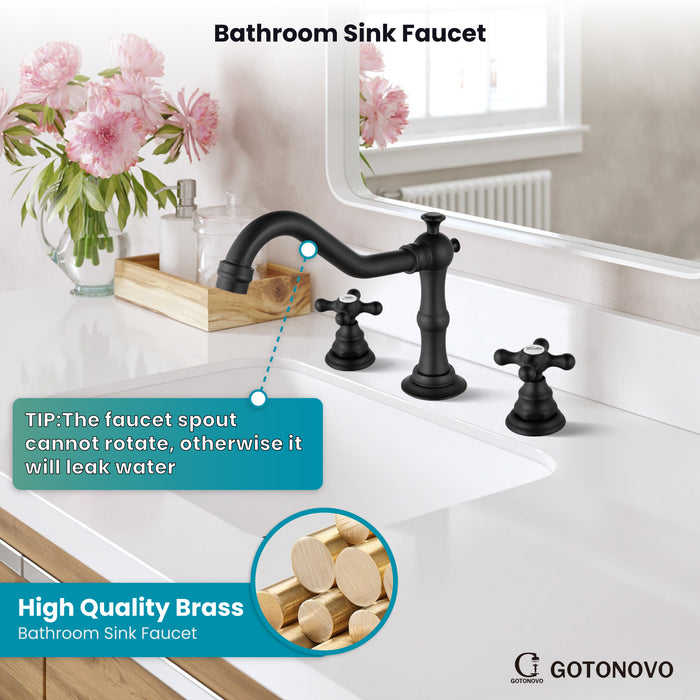 gotonovo Bathroom Sink Faucet Deck Mount Widespread Double Mixing Tap Cross Knobs 3 Hole with Pop Up Drain