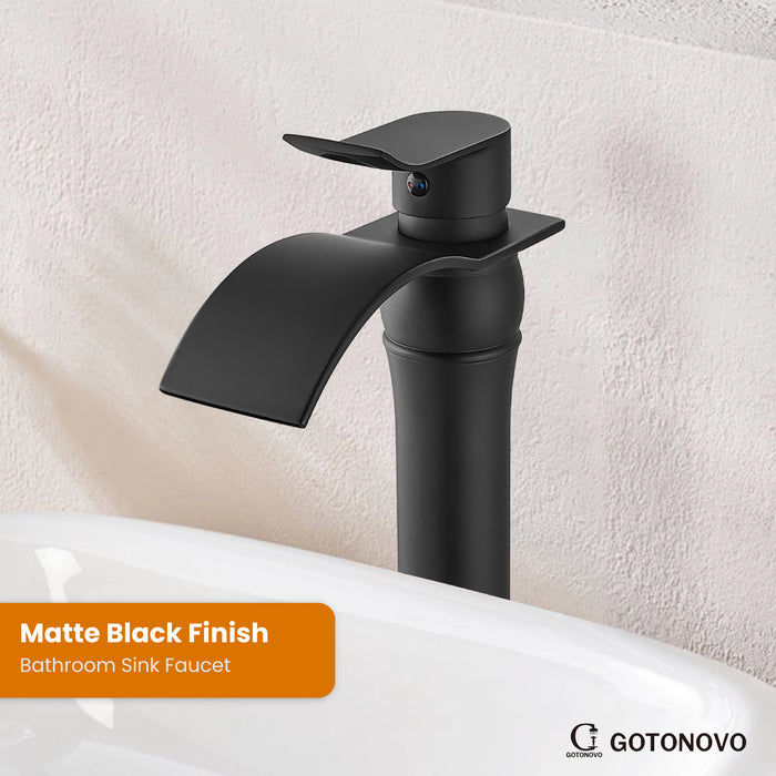 gotonovo Waterfall Vessel Sink Faucet for Sink 1 Hole,Single Handle Tall Bathroom Sink Faucet,Brass Waterfall Bathroom Faucet Arc Body Mixer Tap with Pop Up Drain and Supply Line