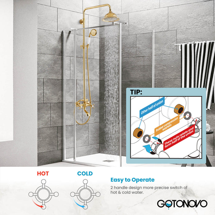 Gotonovo Exposed Shower System 8 Inch Rainfall Shower Head with Tub Spout and Handheld Spray Dual Cross Handle Bathroom Shower Faucet Wall Mount