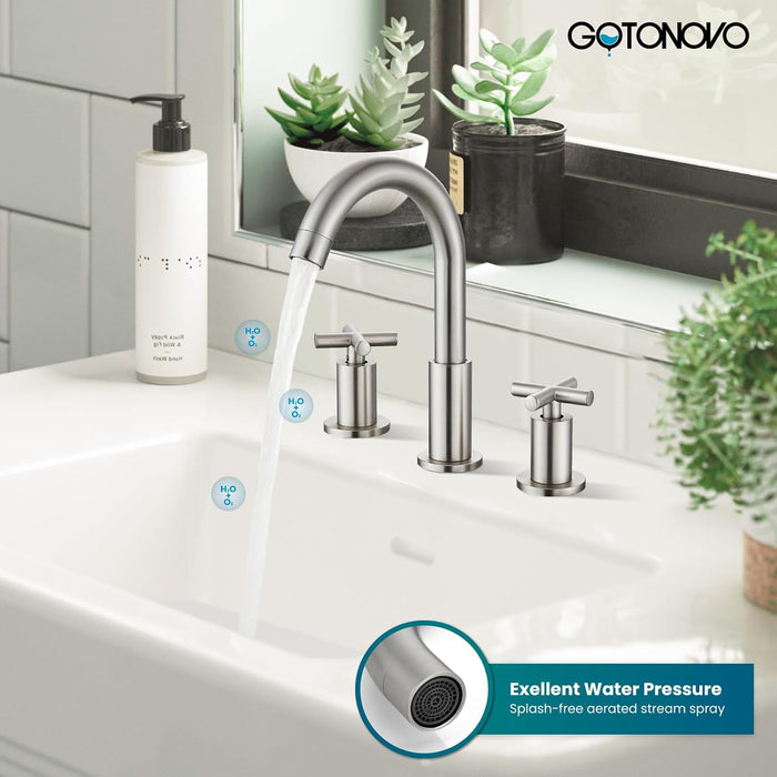 gotonovo 3 Hole Bathroom Faucet 8 inch Widespread Sink Vanity Faucet for Bathroom Sink 2 Cross Handle Deck Mount Basin with Pop Up Drain 360° Swivel Spout