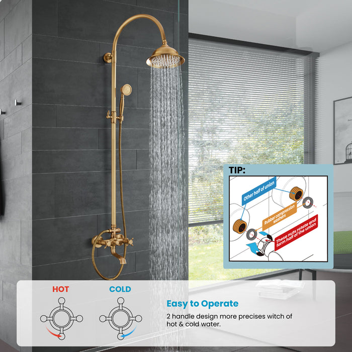 gotonovo Bathroom Classic Exposed Shower Faucet Wall Mount Shower System 8 Inch Luxurious Rainfall Shower Head Set with Tub Spout and Handheld Spray Double Cross Handles