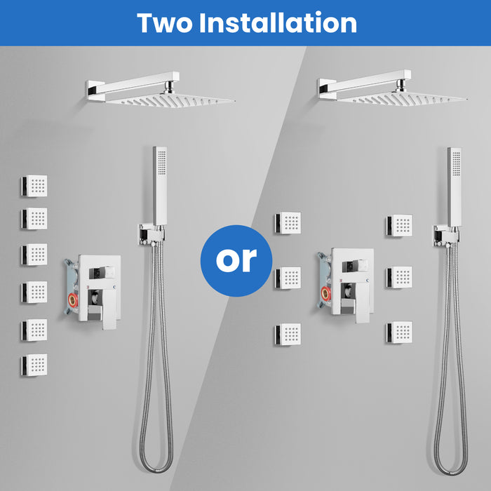 gotonovo Shower Faucet with Full Body Jets Rain Mixer 12 inch Rainfall Shower Head and Handheld Spray Combo Wall Mounted Rough-in Valve and Trim Included with 6pcs Body Message Jets