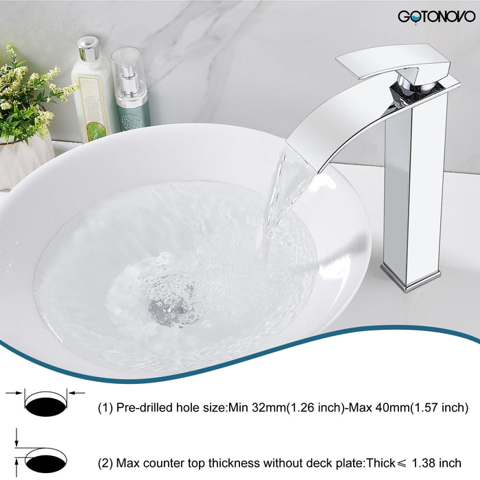 gotonovo Waterfall Bathroom Bowl Vessel Sink Tall Faucet1 Hole Single Handle Lavatory Vanities Mixer Tap Deck Mount with Large Rectangular Spout