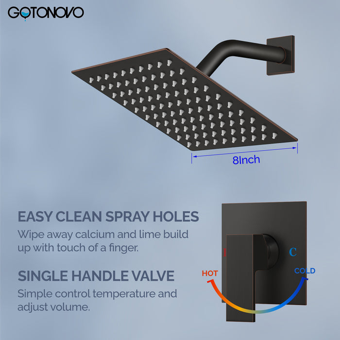 gotonovo Shower Faucet Set Bathroom Rain Shower System SUS304 Stainless Steel 8 Inch Square Showerhead Single Handle With Rough-in Valve Shower Trim Kit