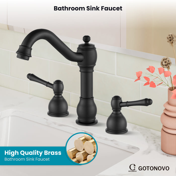 gotonovo 8 Inch Widespread Bathroom Faucets for Sink 3 Hole 2 Lever Handle Deck Mount with Pop Up Drain Assembly with Hot and Cold Water Supply Lines