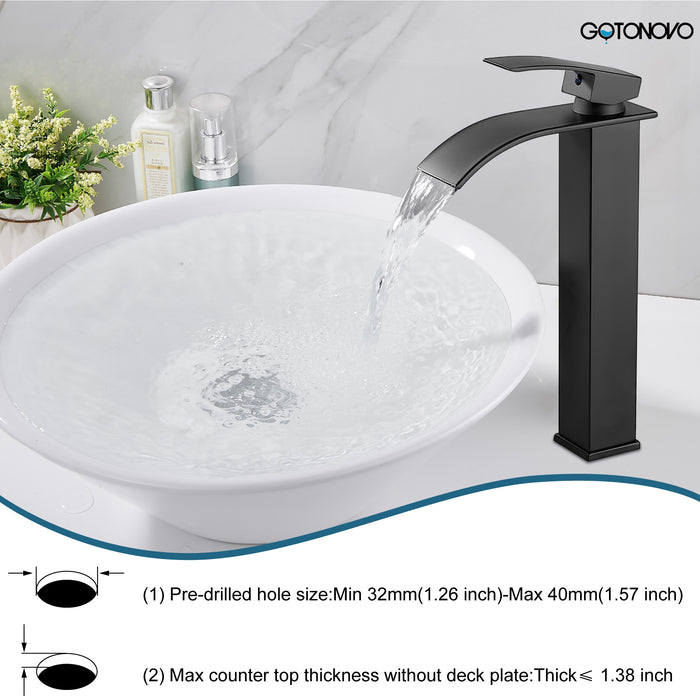 gotonovo Waterfall Bathroom Bowl Vessel Sink Tall Faucet1 Hole Single Handle Lavatory Vanities Mixer Tap Deck Mount with Large Rectangular Spout