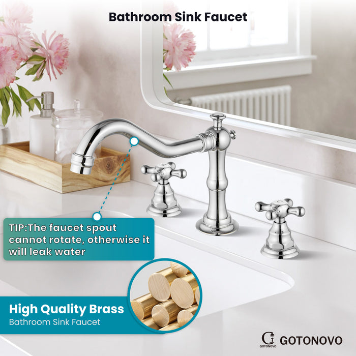 gotonovo Bathroom Sink Faucet Deck Mount Widespread Double Mixing Tap Cross Knobs 3 Hole with Pop Up Drain