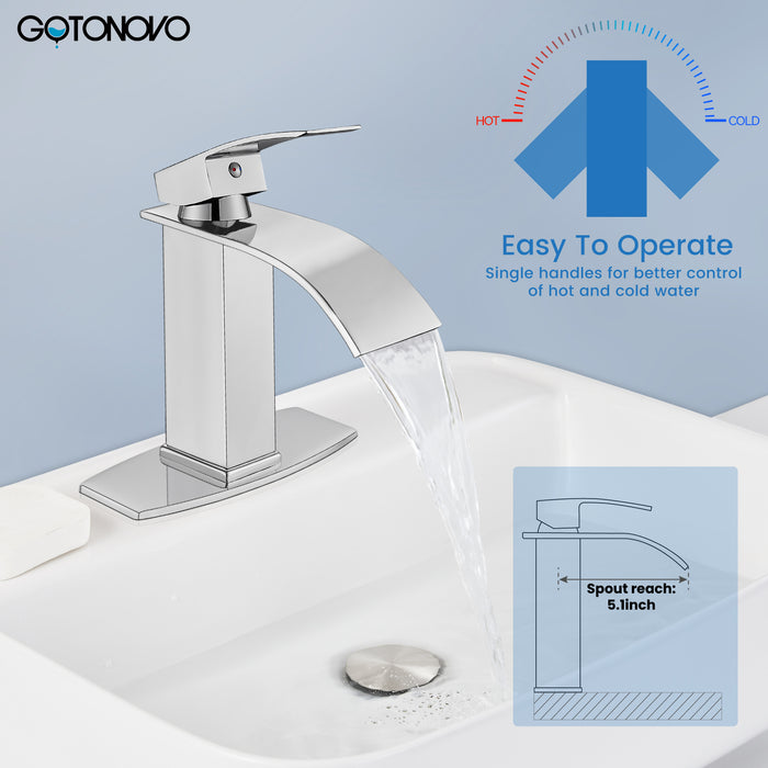 gotonovo Waterfall Bathroom Faucet, Single Handle Single Hole Bathroom Sink Faucet, Rv Lavatory Vessel Faucet Vanity Basin Commercial Mixer Tap with Pop-up Drain and Deck Plate