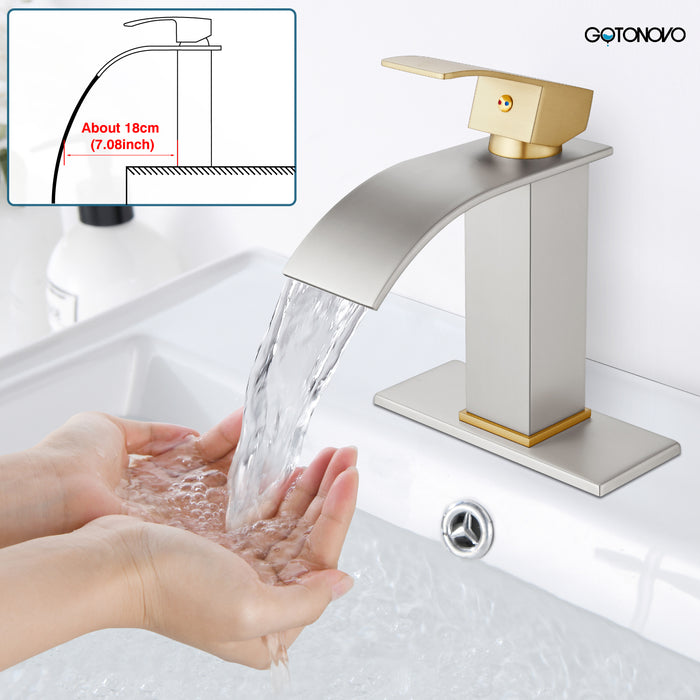 gotonovo Bathroom Sink Faucet Single Handle 1 Hole Waterfall Spout Vanity Sink Faucet Deck Mount Mixer Tap Lavatory with Deck Plate and Pop Up Drain