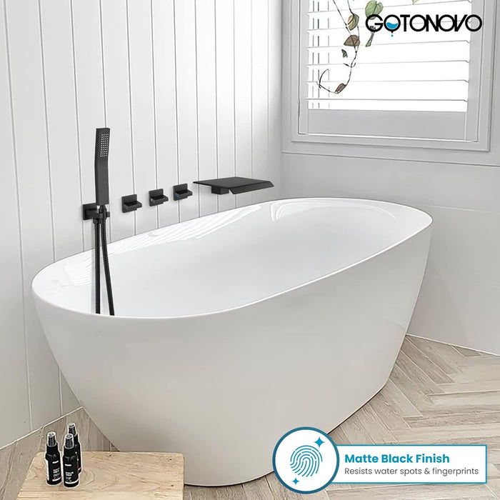gotonovo Waterfall Tub Filler with Handheld Spray 3 Lever Handle Bathroom High Flow Rate Wall Mounted 2 Function Shower Faucet Set with Rough-in Shower Trim Kit Hot and Cold Mixer