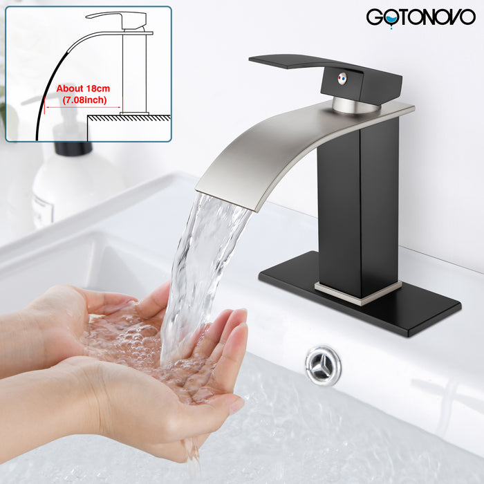 gotonovo Bathroom Sink Faucet Single Handle 1 Hole Waterfall Spout Vanity Sink Faucet Deck Mount Mixer Tap Lavatory with Deck Plate and Pop Up Drain