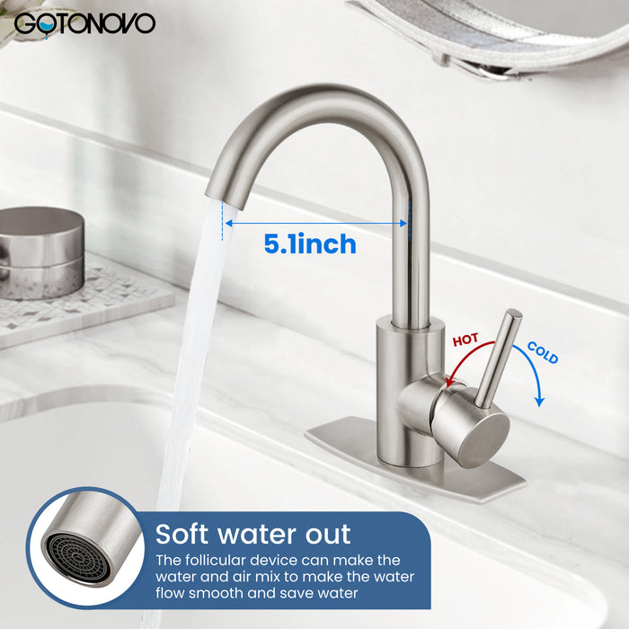 gotonovo Bar Sink Faucet Single Hole Bathroom Kitchen Small RV Sink Faucet Deck Mount SUS304 Lavatory Mixer Tap Single Handle One Hole 360 Degree Swivel Spout Lavatory Sink Faucet