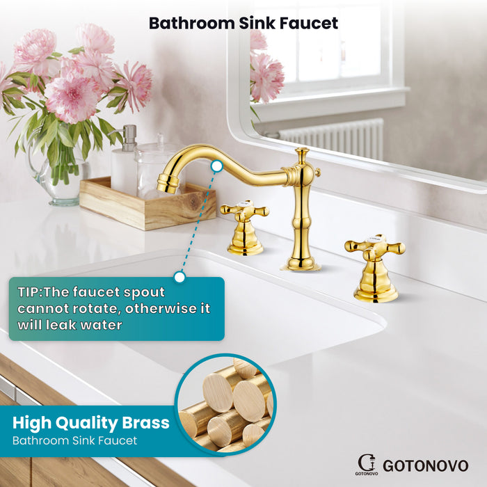 gotonovo Bathroom Sink Faucet Deck Mount Widespread Double Mixing Tap Cross Knobs 3 Hole with Pop Up Drain