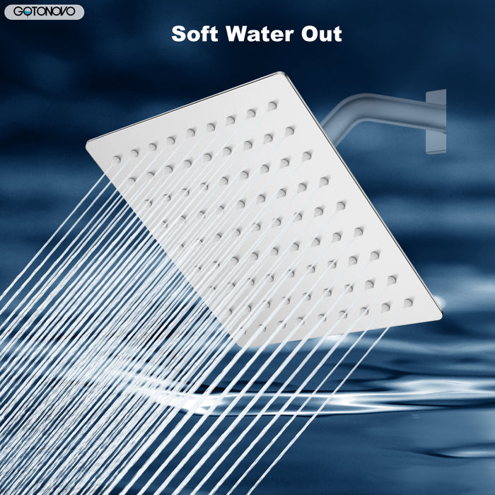 gotonovo 8 Inch Rainfall Showerhead Square Stainless Steel Rain Shower Head High Pressure Waterfall Crackproof Coverage with Silicone Nozzle 1/16" Ultra Thin Design Swivel Connector