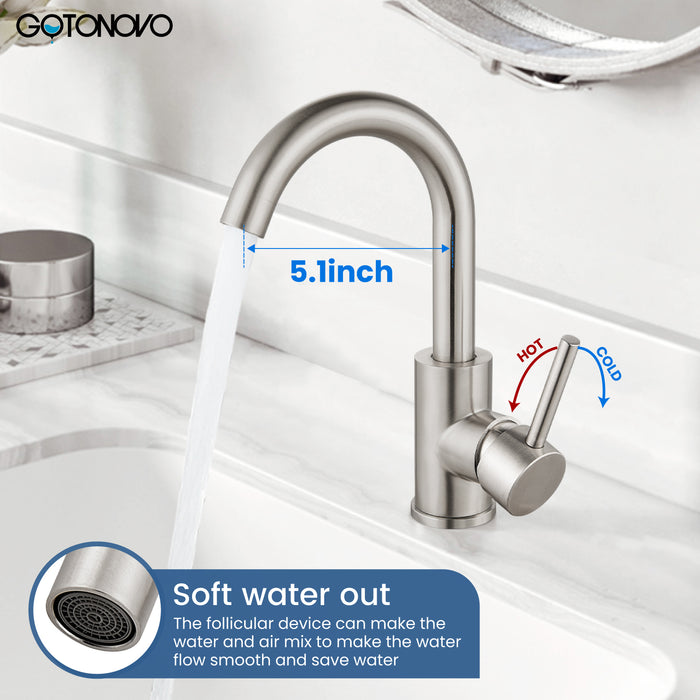 gotonovo Bar Sink Faucet Single Hole Bathroom Kitchen Small RV Sink Faucet Deck Mount SUS304 Lavatory Mixer Tap Single Handle One Hole 360 Degree Swivel Spout Lavatory Sink Faucet
