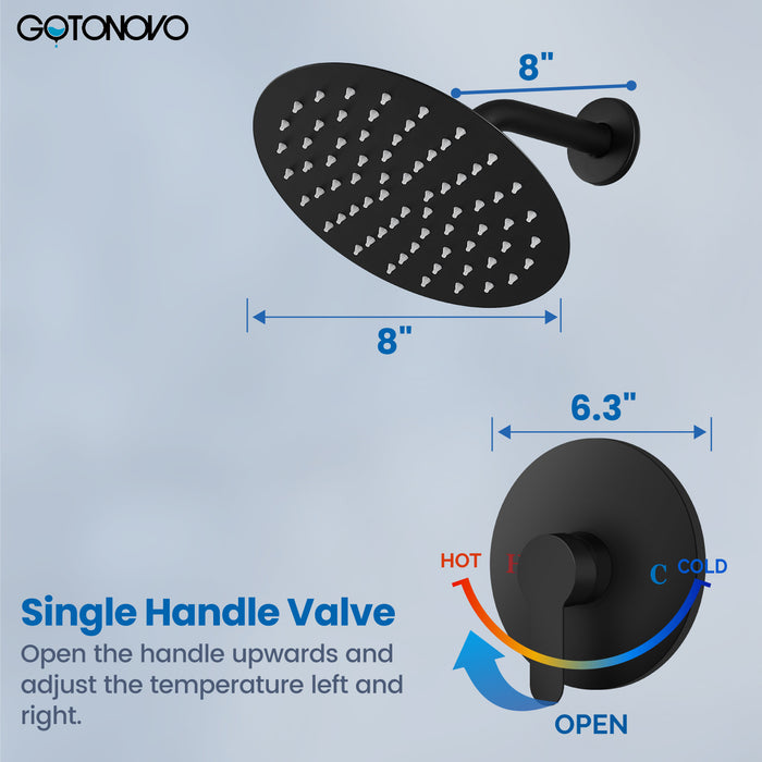 gotonovo Shower Faucet Set, Single Function Shower Trim Kit, Wall Mount 8 Inch Round Rainfall Shower Head and Handle Set, Single Handle Shower System Set Rough-in Valve