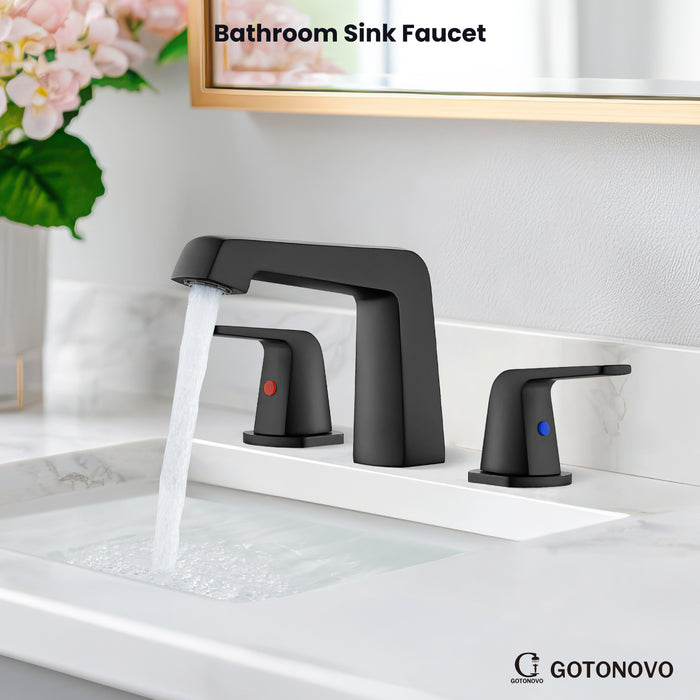 gotonovo Bathroom Sink Faucet 3 Holes 2 Handles Widespread 8 Inch Bathroom Faucet with Pop Up Drain Hot Cold Water Supply Lines Lavatory Vanity Mixer Tap, Thick Style