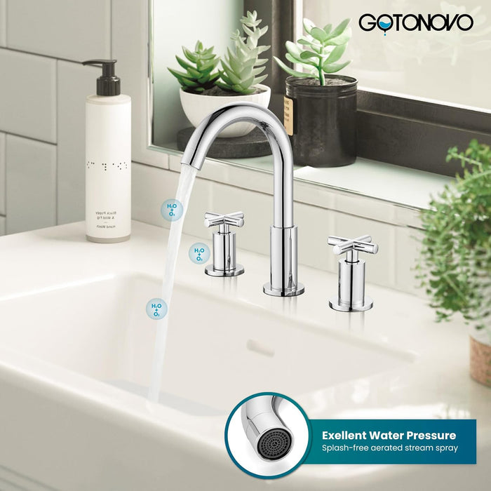 gotonovo 3 Hole Bathroom Faucet 8 inch Widespread Sink Vanity Faucet for Bathroom Sink 2 Cross Handle Deck Mount Basin with Pop Up Drain 360° Swivel Spout
